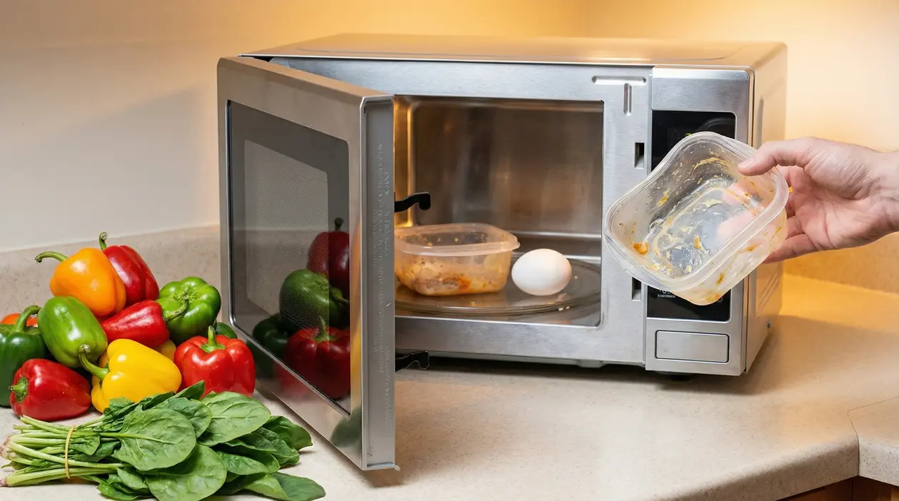 Contenitore di plastica e un uovo all'interno di un forno a microonde aperto