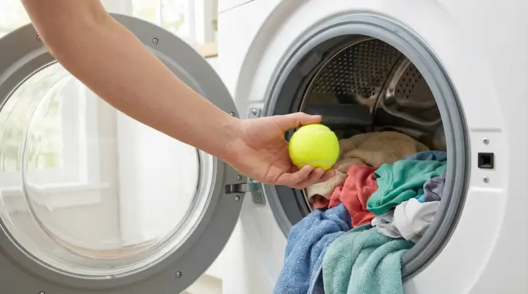 Mano che inserisce una pallina da tennis in una lavatrice con asciugamani e vestiti colorati
