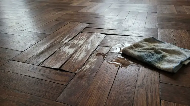 Parquet danneggiato con acqua e panno umido su una superficie in legno