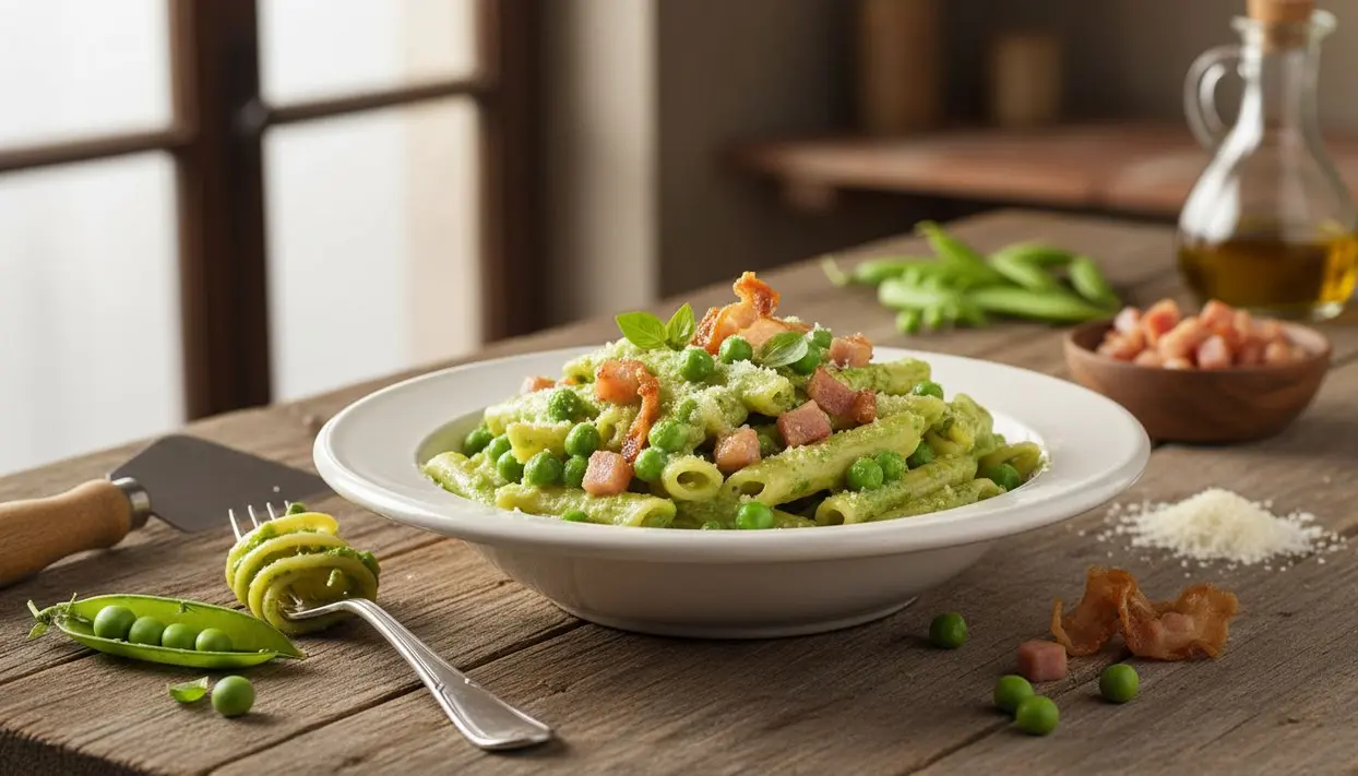 Piatto di pasta con crema di piselli e pancetta su tavolo rustico