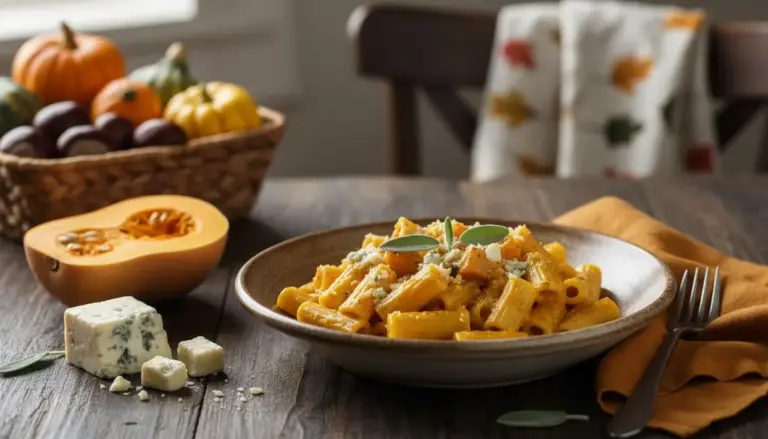 Piatto di pasta con crema di zucca e gorgonzola su tavola autunnale