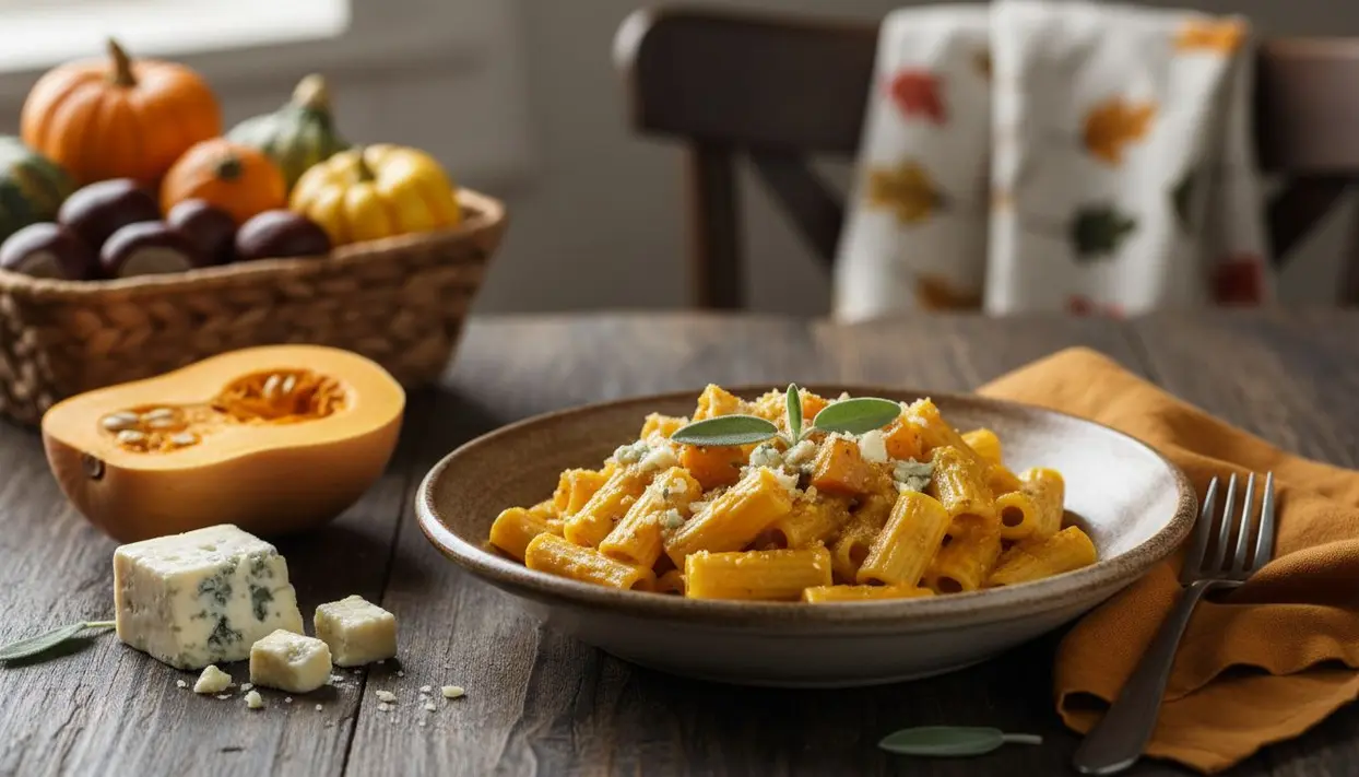 Piatto di pasta con crema di zucca e gorgonzola su tavola autunnale