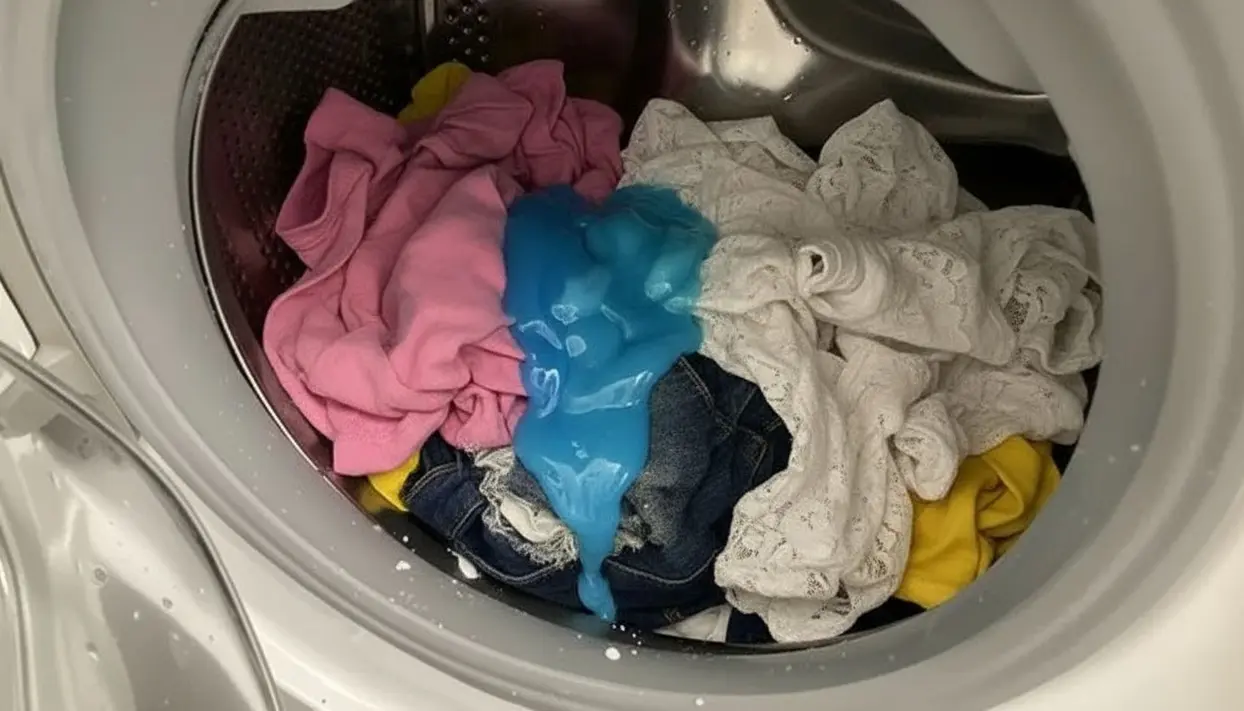 Detersivo liquido versato direttamente sui vestiti all'interno di una lavatrice.