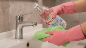 Mani con guanti rosa usano aceto e un panno per pulire un rubinetto del bagno