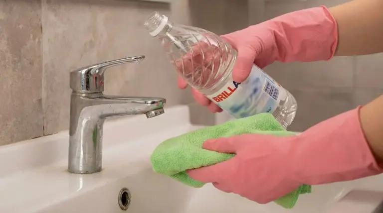 Mani con guanti rosa usano aceto e un panno per pulire un rubinetto del bagno
