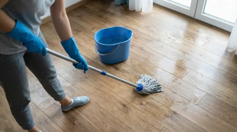 Persona che lava un pavimento in legno con un mocio e un secchio d'acqua