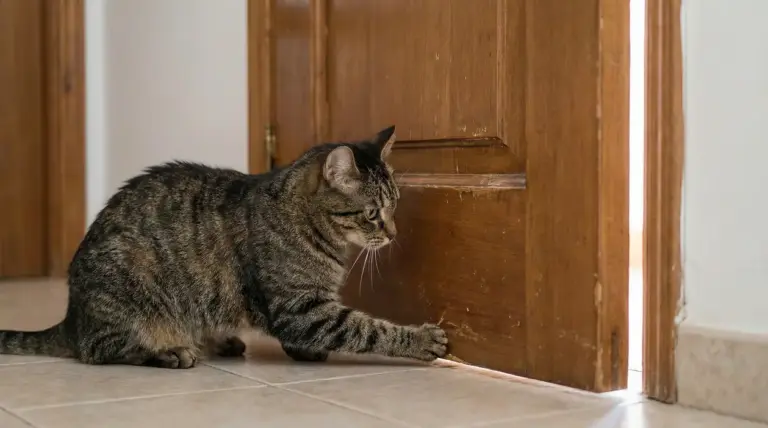 Gatto tigrato che cerca di aprire una porta socchiusa con la zampa