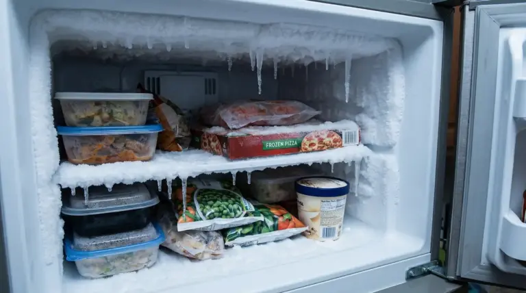 Interno di un congelatore con accumulo di ghiaccio e cibi surgelati su diversi ripiani