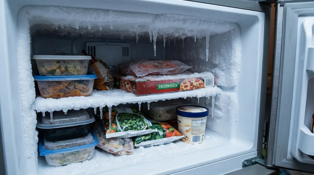 Interno di un congelatore con accumulo di ghiaccio e cibi surgelati su diversi ripiani