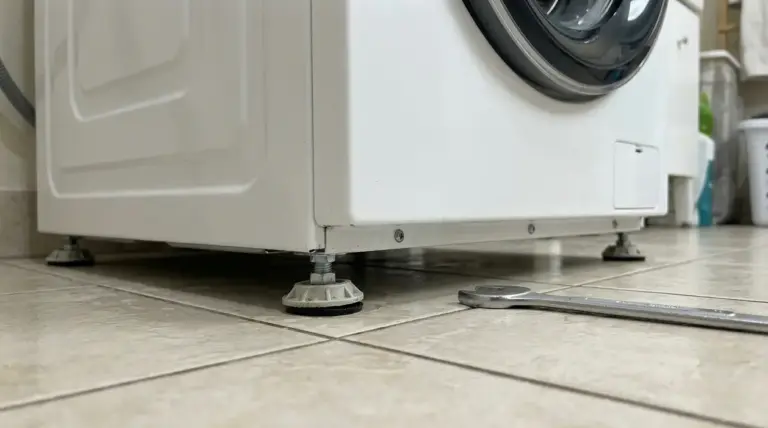Piedini regolabili di una lavatrice su un pavimento piastrellato con una chiave inglese a terra