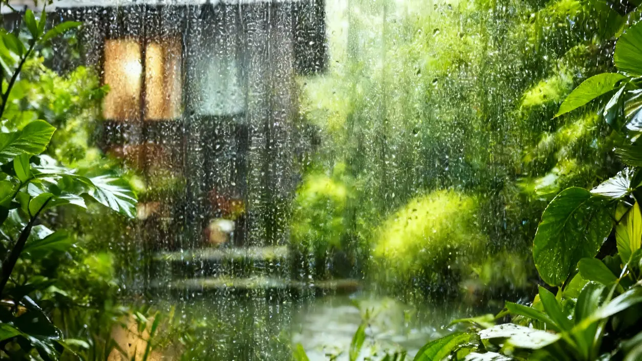 Finestra bagnata dalla pioggia con vista su un giardino verde