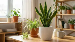 Piante da interno in vasi su un tavolo in un ambiente domestico luminoso