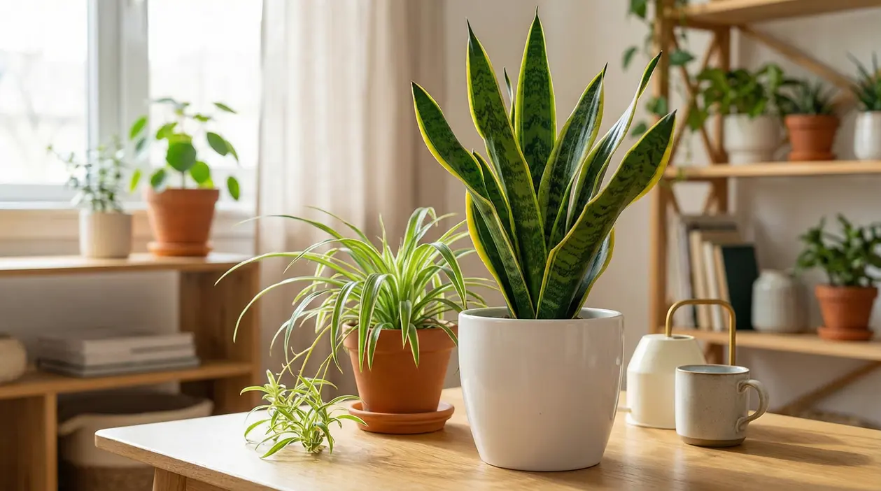 Piante da interno in vasi su un tavolo in un ambiente domestico luminoso