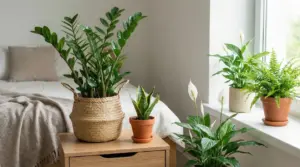 Piante verdi in vaso su comodino e davanzale in una camera da letto luminosa