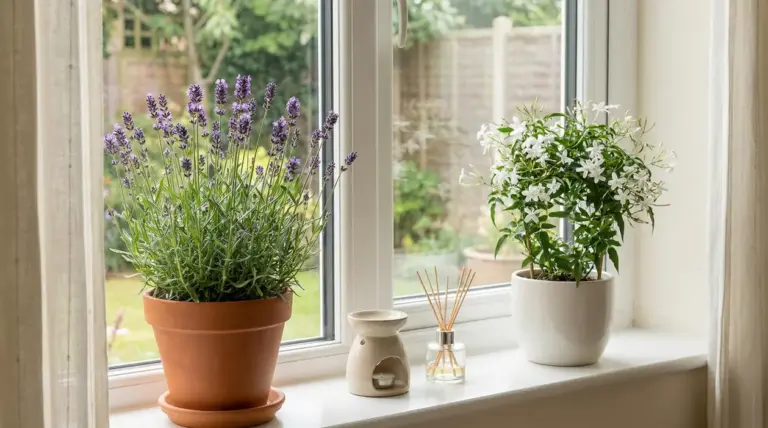 Due piante in vaso, lavanda e gelsomino, su un davanzale interno vicino a una finestra