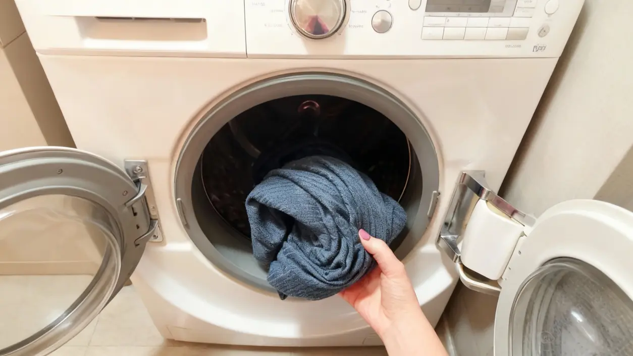 Una mano estrae un capo di abbigliamento da una lavatrice aperta
