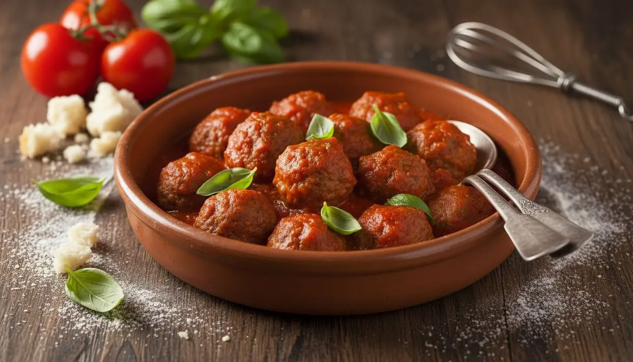 Polpette al sugo servite in un piatto di terracotta con foglie di basilico