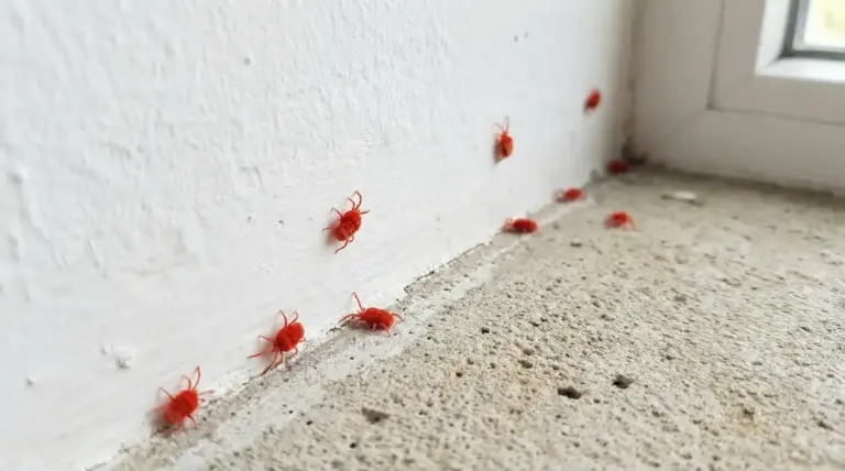 Piccoli ragni rossi su un muro vicino a una finestra all'interno di una casa