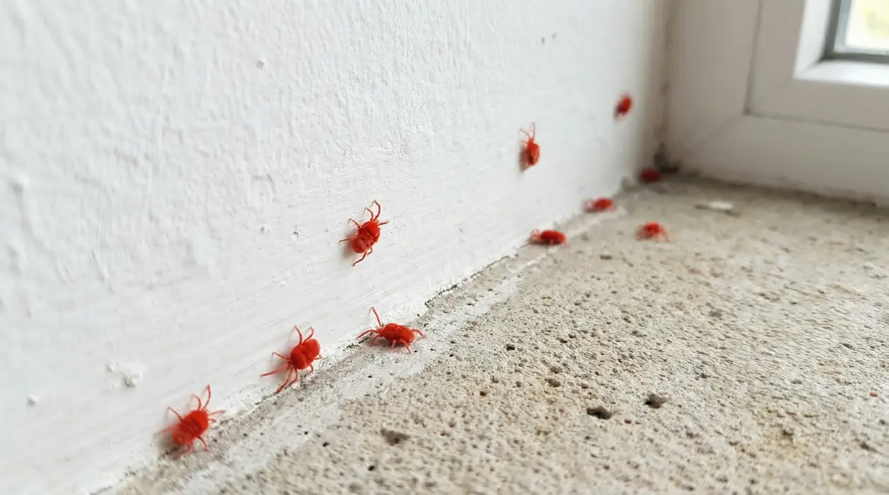 Piccoli ragni rossi su un muro vicino a una finestra all'interno di una casa