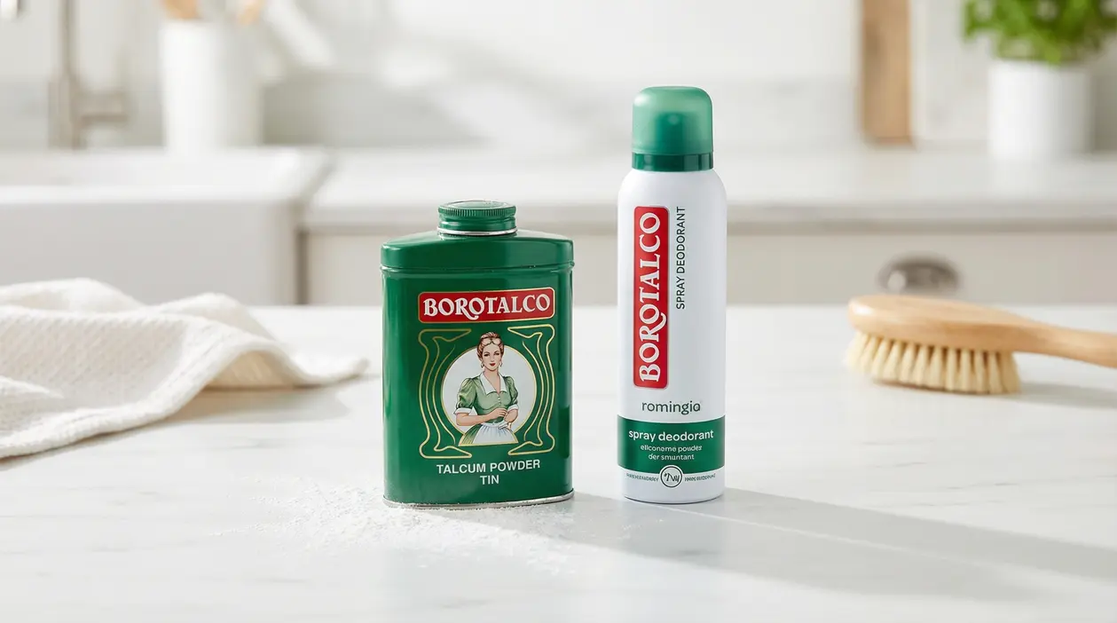 Prodotti Borotalco su una superficie in bagno, con talco e deodorante spray.