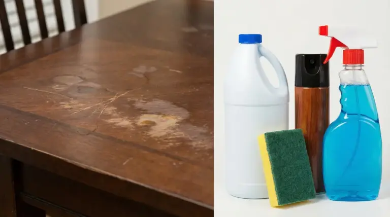 Tavolo in legno rovinato accanto a prodotti per la pulizia non adatti