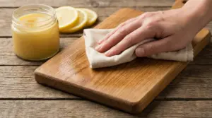 Mano che lucida una tavola di legno con un panno e un prodotto naturale