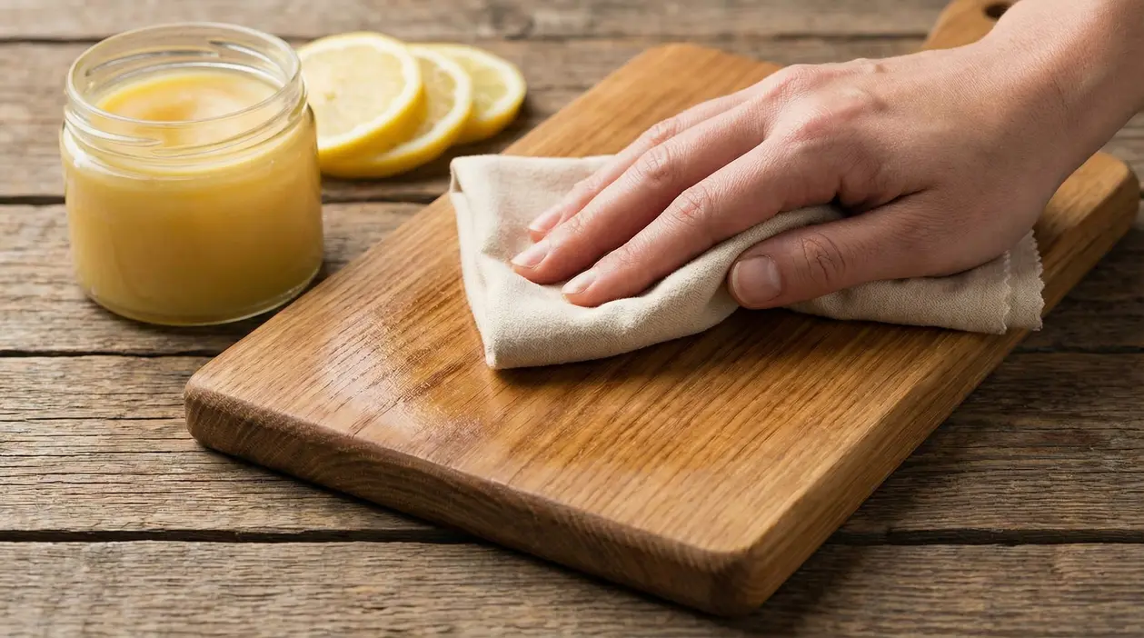 Mano che lucida una tavola di legno con un panno e un prodotto naturale