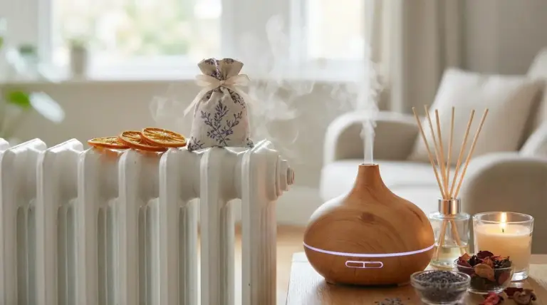 Termosifone con sacchetto profumato e agrumi essiccati accanto a diffusore e candele aromatiche