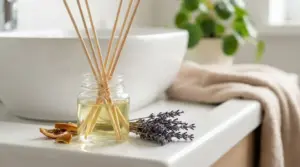Diffusore con bastoncini, lavanda e scorze d'arancia su lavandino in bagno