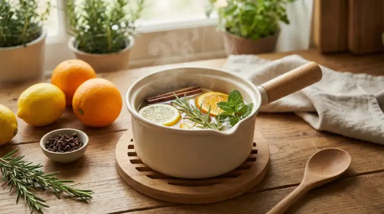 Pentolino con agrumi, erbe aromatiche e spezie su un tavolo di legno