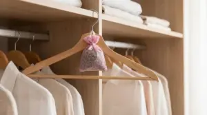 Gruccia in legno con sacchetto profumato rosa appeso in un armadio ordinato