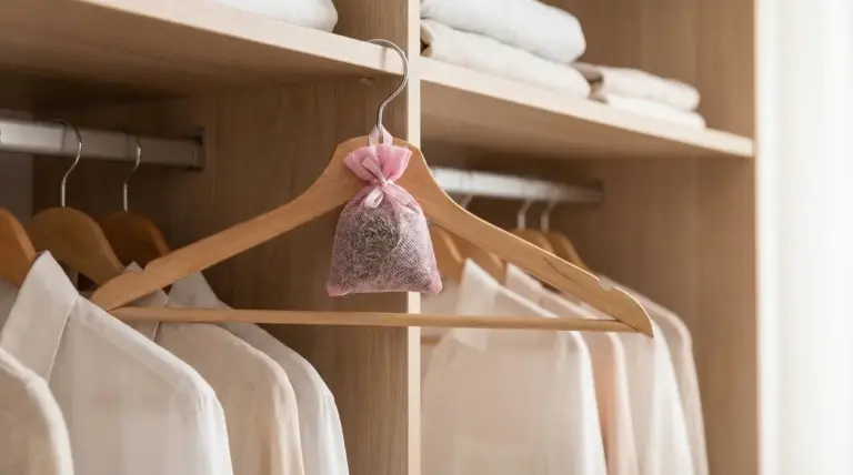 Gruccia in legno con sacchetto profumato rosa appeso in un armadio ordinato