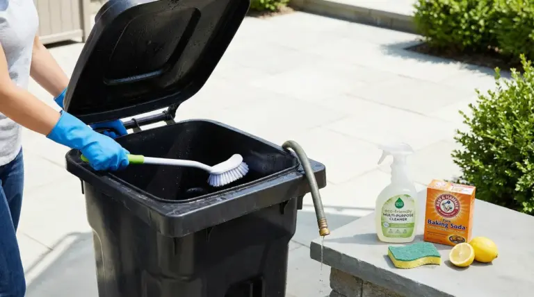 Persona che pulisce un bidone della spazzatura con una spazzola e detergenti naturali all'aperto