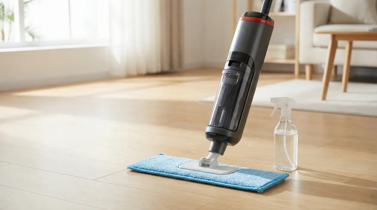 Mocio moderno con panno in microfibra su pavimento in legno accanto a uno spray trasparente