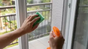 Mani che puliscono una zanzariera con una spugna e uno spray