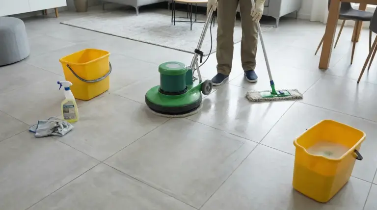 Pulizia del pavimento in gres porcellanato con attrezzi professionali e secchi gialli
