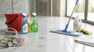 Prodotti per la pulizia su un pavimento in marmo, inclusi detergenti e un mocio