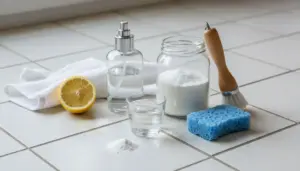 Ingredienti naturali per pulire i pavimenti, tra cui limone, bicarbonato e aceto
