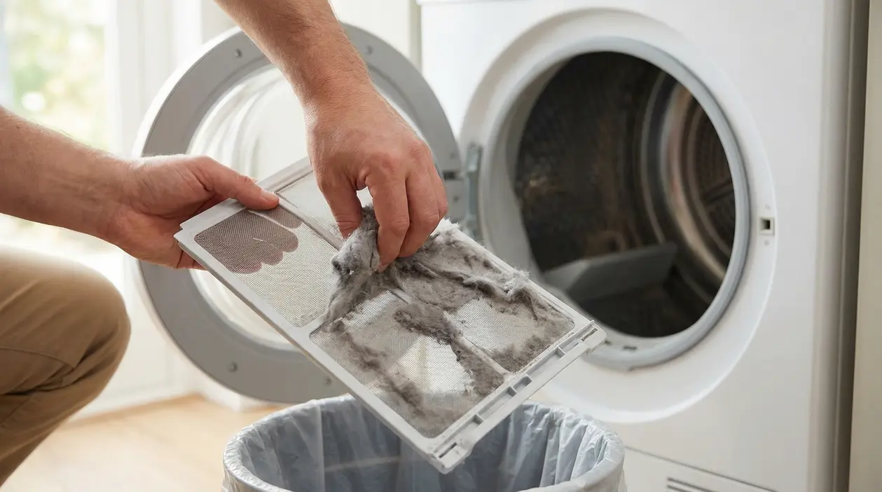 Una persona rimuove lanugine dal filtro di un'asciugatrice vicino a un cestino
