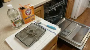 Filtro della lavastoviglie sporco su un panno accanto a aceto, bicarbonato e una spazzola