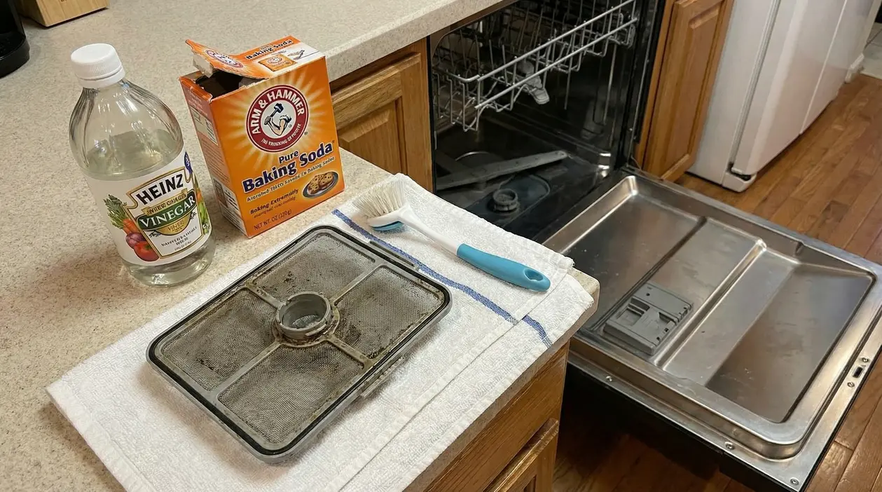 Filtro della lavastoviglie sporco su un panno accanto a aceto, bicarbonato e una spazzola