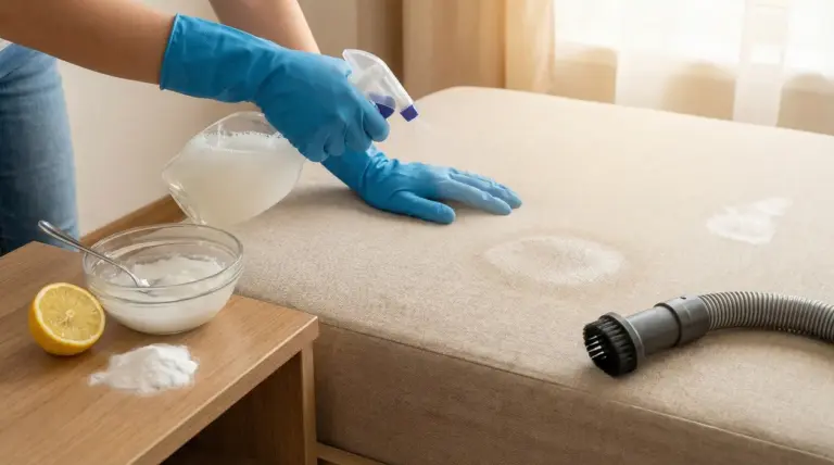 Una persona pulisce un materasso con guanti, spray e ingredienti naturali come bicarbonato e limone
