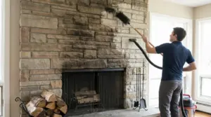 Persona pulisce il muro sopra un camino in pietra da macchie di fumo