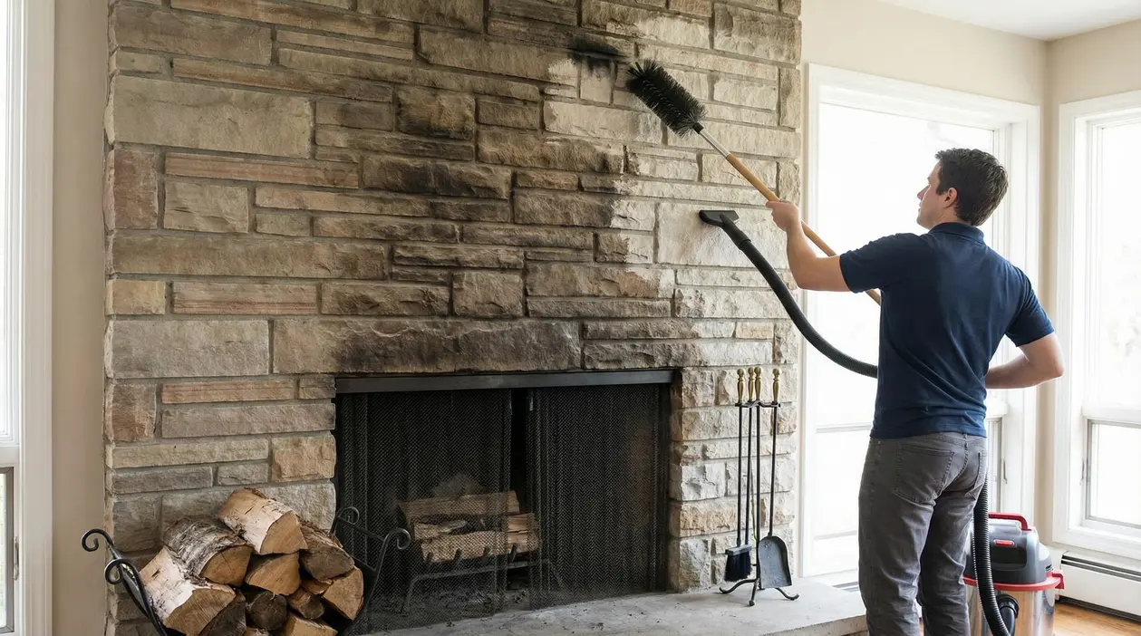 Persona pulisce il muro sopra un camino in pietra da macchie di fumo