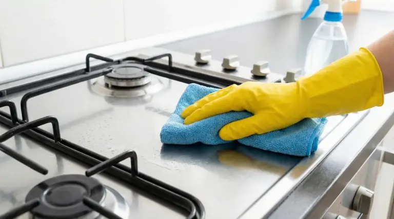 Una mano con guanto giallo pulisce un piano cottura in acciaio inox con un panno azzurro