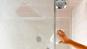 Una mano pulisce il vetro della doccia con una spugna vicino a un soffione d'acqua