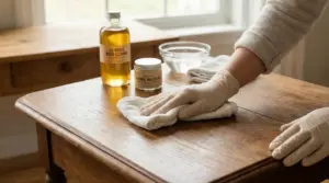 Mani con guanti puliscono un mobile in legno con un panno e prodotti naturali