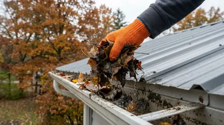 Persona con guanto arancione pulisce una grondaia intasata da foglie autunnali