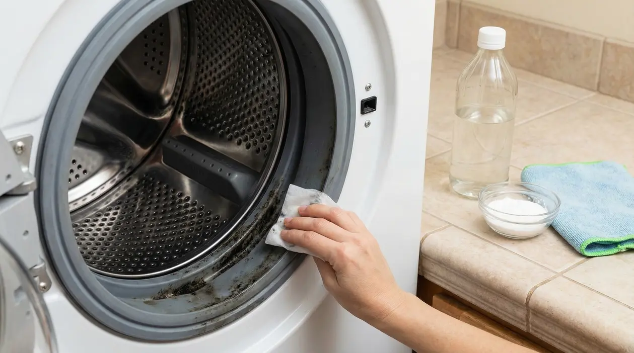 Mano che pulisce la guarnizione della lavatrice con muffa visibile