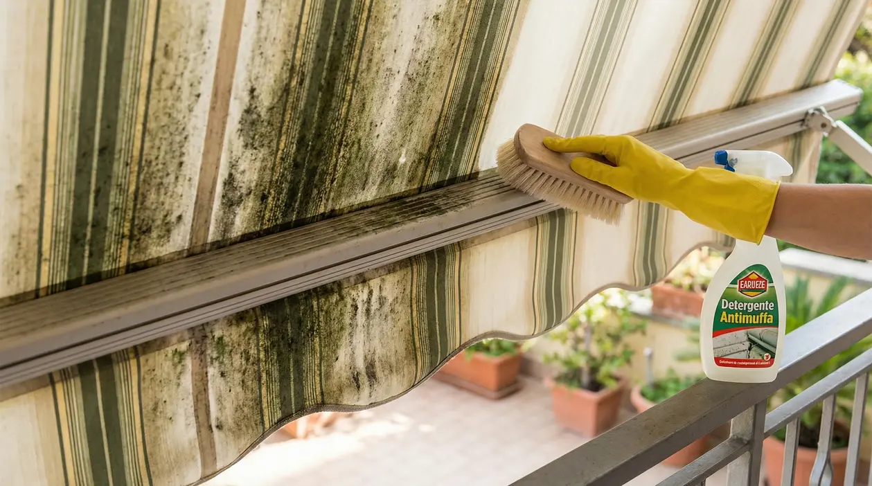 Persona con guanti gialli pulisce una tenda da sole con spazzola e detergente antimuffa